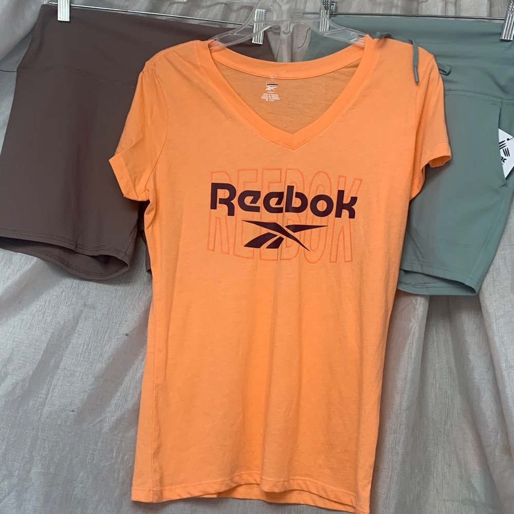 Reebok Orange V-Neck Logo Tee with Dark Print